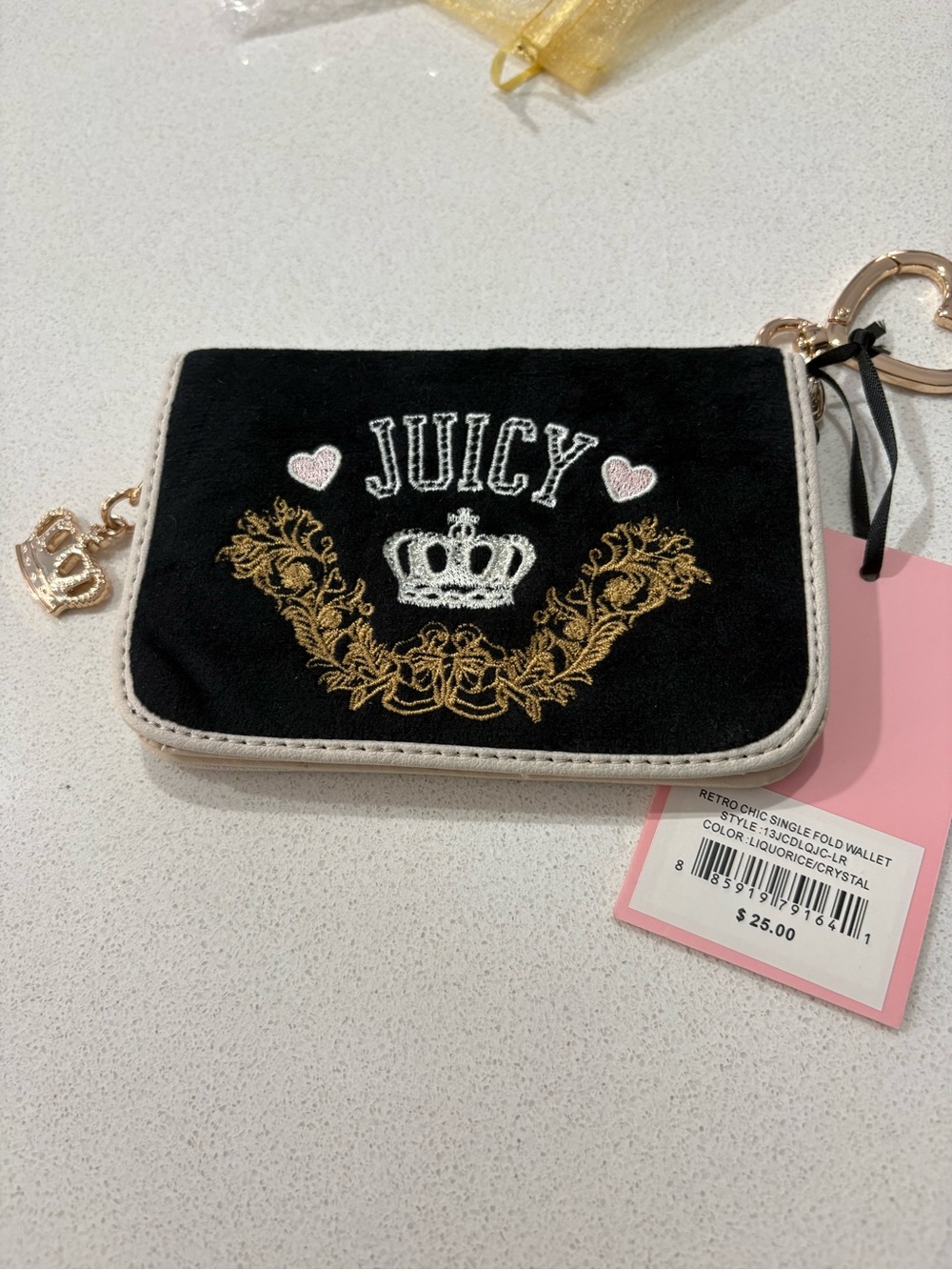 Juicy Couture Black Velvet Fold NWT Wallet with Gold Crest & Pink Hearts